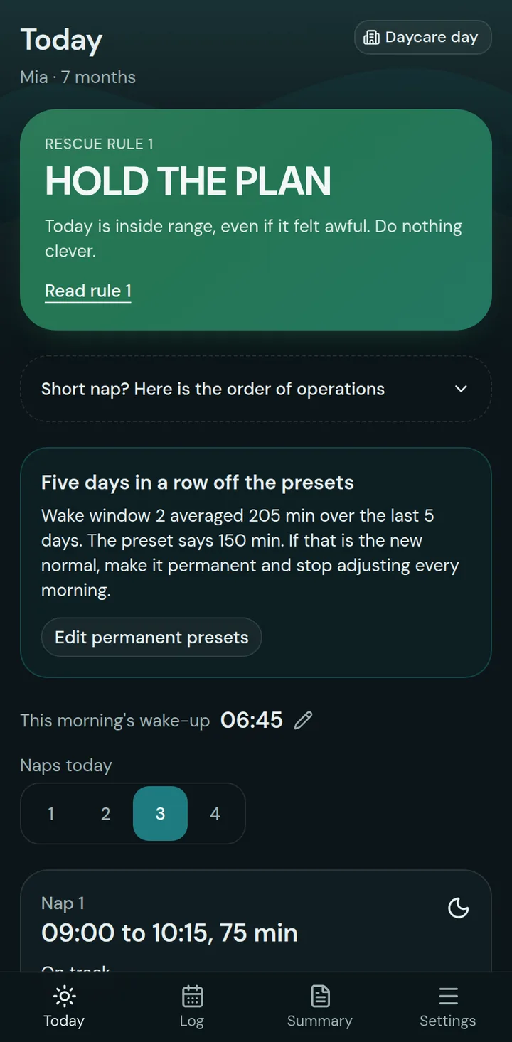 Today screen in dark mode with the verdict card at the top