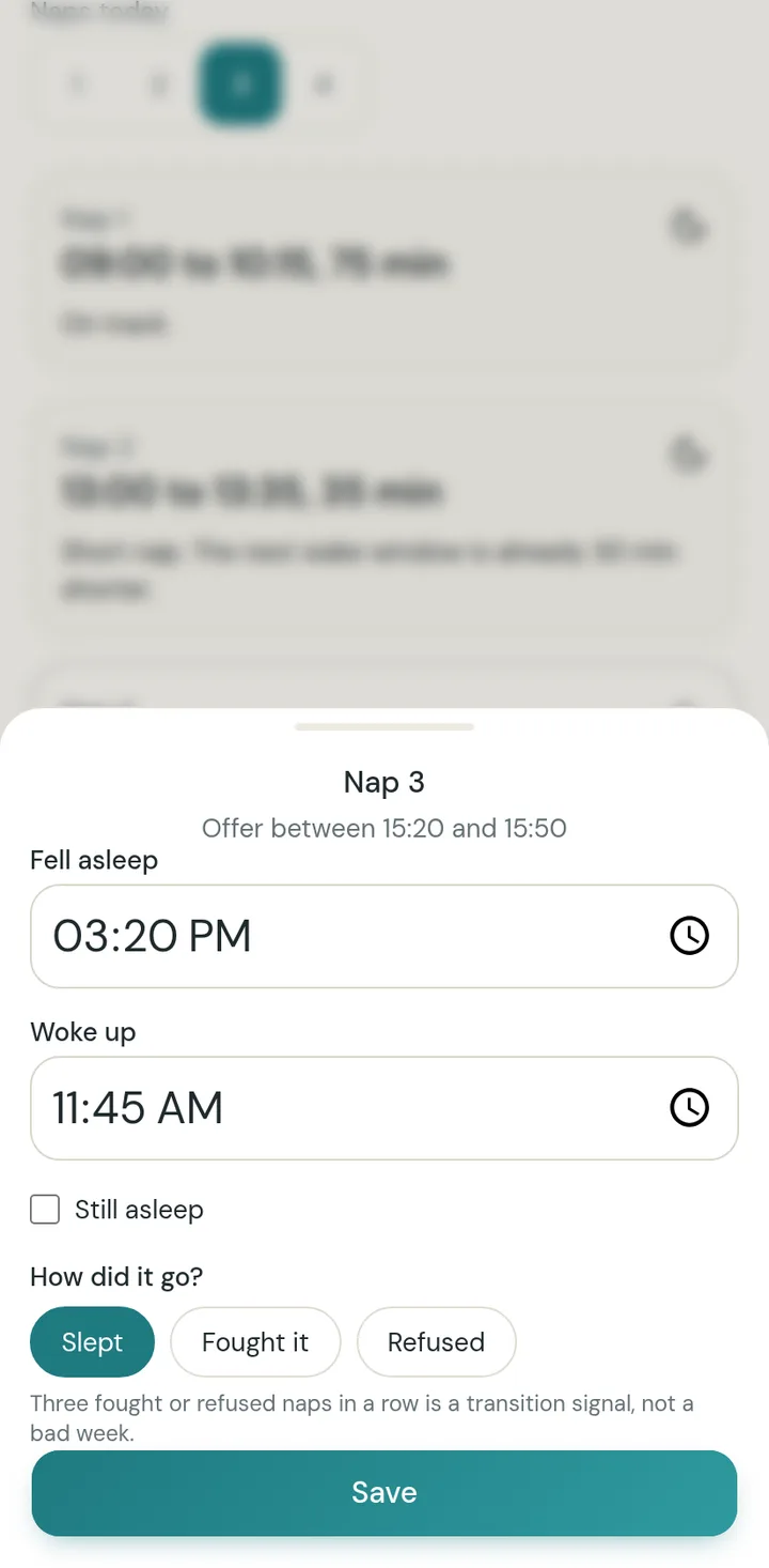 Nap editor: fell asleep, woke up, and whether the baby slept, fought it or refused