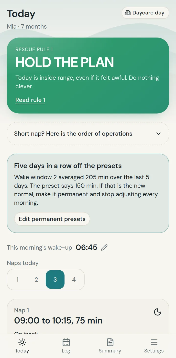NapBay Today screen: Rescue rule 1, hold the plan, this morning's wake-up 06:45, three naps